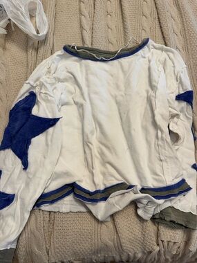 Free People White Crewneck Sweater with Blue Star Accents